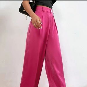 High Waist Plicated Detail Satin Tailored Pants